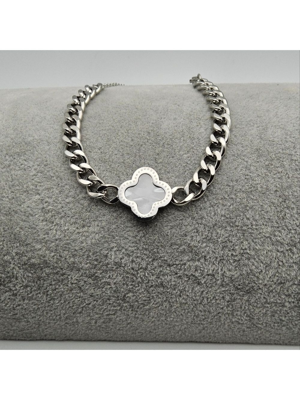 Chunky Cuban Link Stainless Steel Bracelet, Dual Sided Black and White Clover